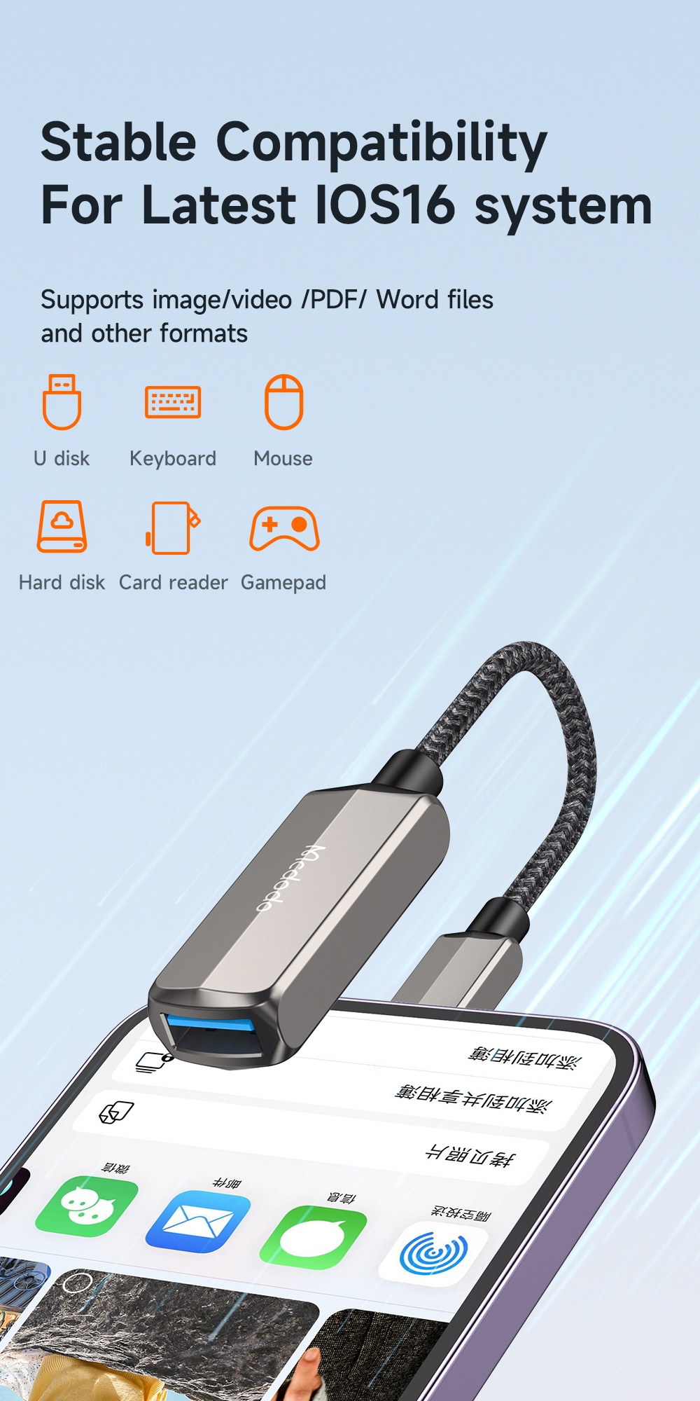 Picture of Mcdodo CA-269 2 in 1 USB to lightning OTG Converter Adapter For iP 14 Pro Max 13 12 11 Xr 8 7 U Disk Flash Drive Data Converter