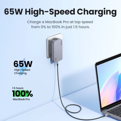 Picture of UGREEN Nexode Pro 65W USB C Charger Flat, 3-Port Ultra-Slim GaN Compact Fast PPS Wall Charger for MacBook Pro/Air, Pixelbook, iPad Pro, iPhone 15 Pro/14, Galaxy S23/Note20, Pixel 8, Steam Deck
