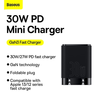 Picture of Baseus GaN3 30W USB-C PD Charger US Pin  Black