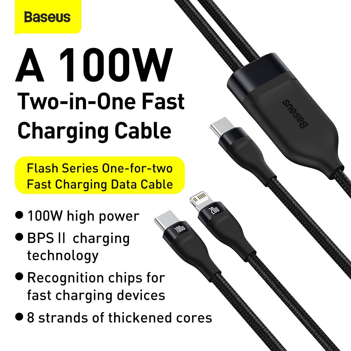 Picture of Baseus Type-C - Type-C Cable Flash Series 2-in-1 Fast charging Type-C to L+C 100W 1.2m Black