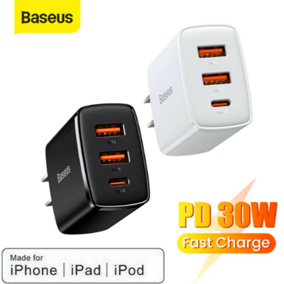 Picture of Baseus 30W Charger Type C PD Fast Charging US Plug 3 Ports USB Quick Phone Charger- CN Plug