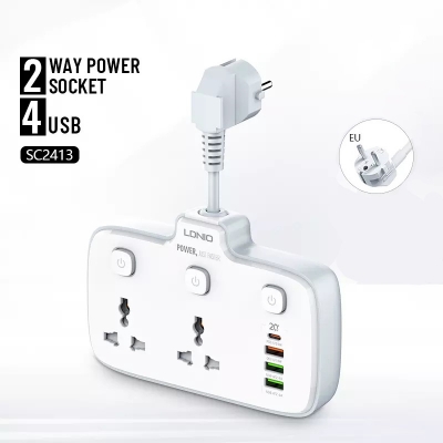 Picture of LDNIO SC2413 EU PLUG Power Strip British Standard Multifunctional Plug-In Board USB Socket British Standard Plug Panel Converter PD 20W Charging Port Qc3.0 Independent Switch Charger Adapter For 12 Pro Max 13 Pro Max 13 Mini
