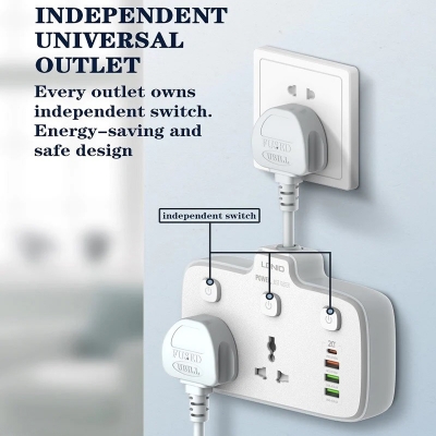 Picture of LDNIO SC2413 EU PLUG Power Strip British Standard Multifunctional Plug-In Board USB Socket British Standard Plug Panel Converter PD 20W Charging Port Qc3.0 Independent Switch Charger Adapter For 12 Pro Max 13 Pro Max 13 Mini