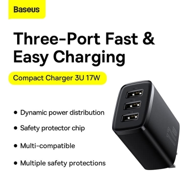 Picture of Baseus 17w Charger 3 Usb Output Black CN Plug