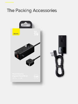 Picture of BASEUS GaN Power Combo Digital Power Strip 3AC+2USB+1 30W for Mobile Phone, Tablet, Laptop (CN Plug) - Black