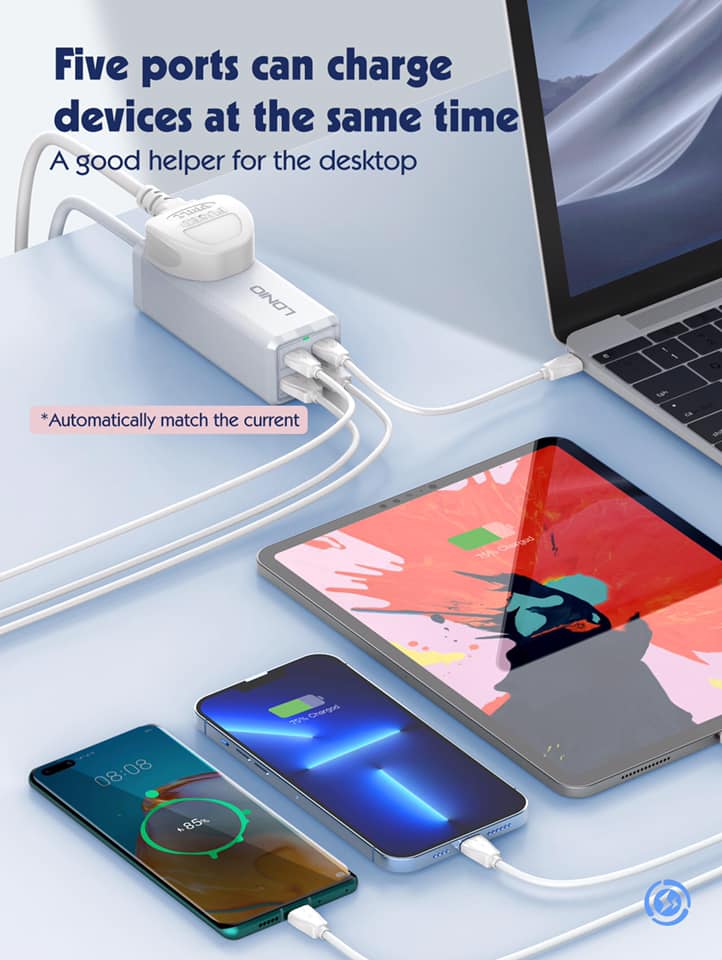 Picture of LDNIO 65W MAX USB Wall Charger with Universal Outlet Power Strip Extension Socket with USB C 2500W Travel Adapter Fast Charger PD & QC 3.0 Singapore UK Plug 2 Meter Cable