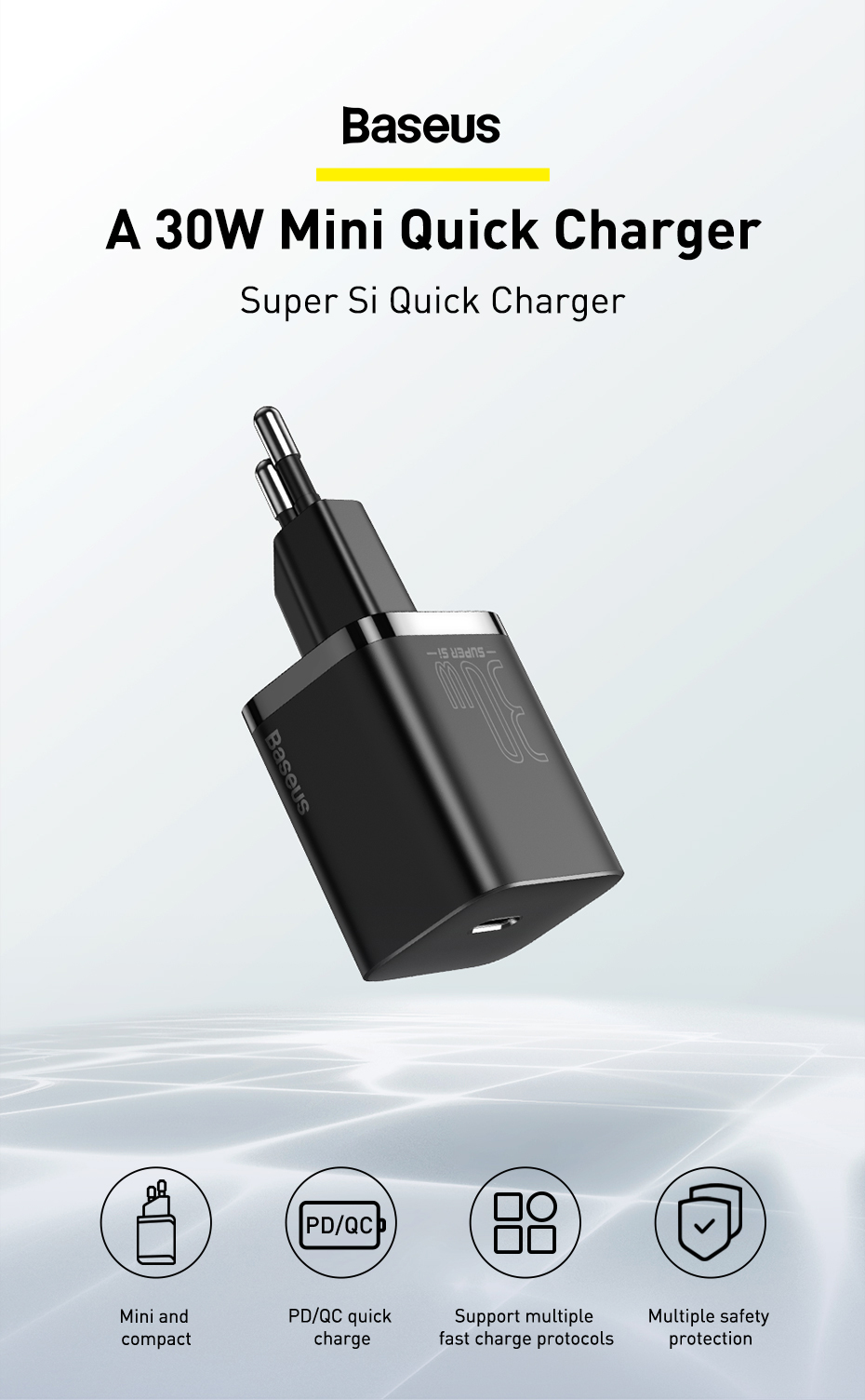 Picture of BASEUS Super Si Quick Charger IC 30W Travel Charging Adapter EU Plug - Black