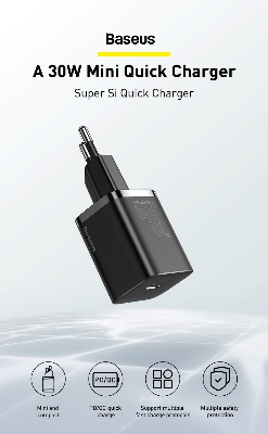 Picture of BASEUS Super Si Quick Charger IC 30W Travel Charging Adapter EU Plug - Black