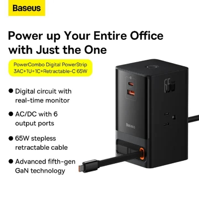 Picture of BASEUS Power Combo Tower Power Strip 3AC 2USB 2Type-C 100W Charging Station with 1.5m Cable