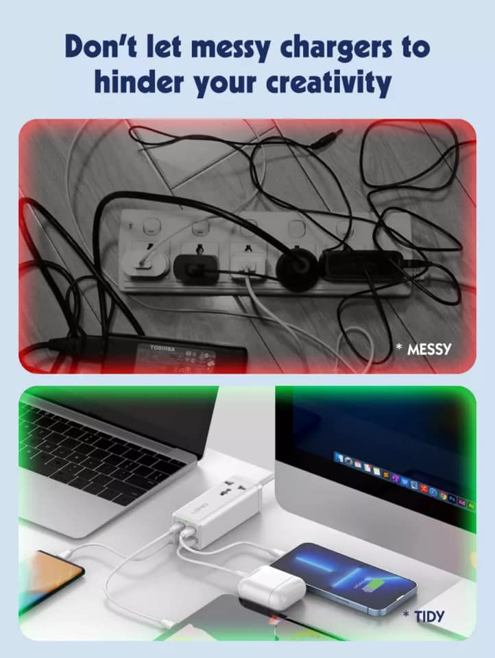 Picture of LDNIO 65W MAX USB Wall Charger with Universal Outlet Power Strip Extension Socket with USB C 2500W Travel Adapter Fast Charger PD & QC 3.0 Singapore UK Plug 2 Meter Cable