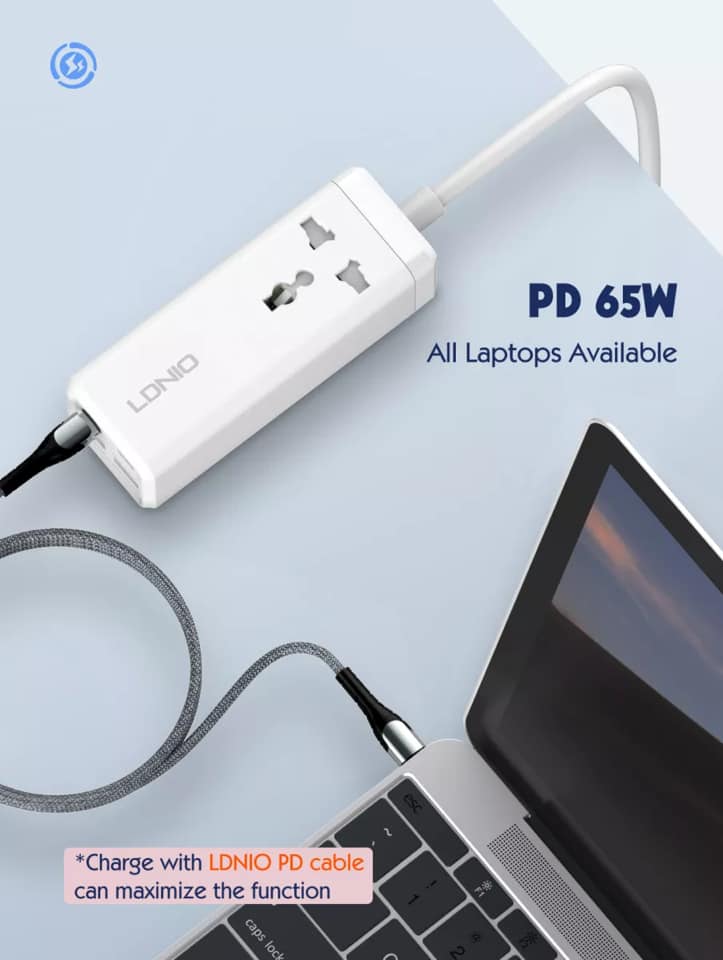 Picture of LDNIO 65W MAX USB Wall Charger with Universal Outlet Power Strip Extension Socket with USB C 2500W Travel Adapter Fast Charger PD & QC 3.0 Singapore UK Plug 2 Meter Cable