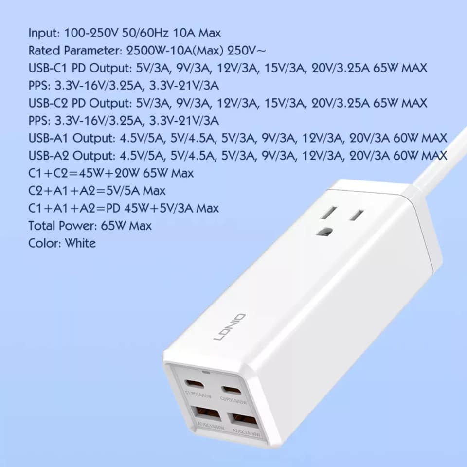 Picture of LDNIO 65W MAX USB Wall Charger with Universal Outlet Power Strip Extension Socket with USB C 2500W Travel Adapter Fast Charger PD & QC 3.0 Singapore UK Plug 2 Meter Cable