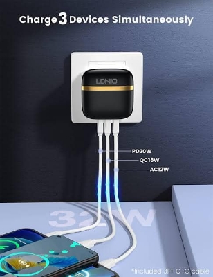Picture of LDNIO A3513Q 32W Multiport PD 3.0 20W + QC 3.0 18W + 2.4A Auto-ID Wall Charger