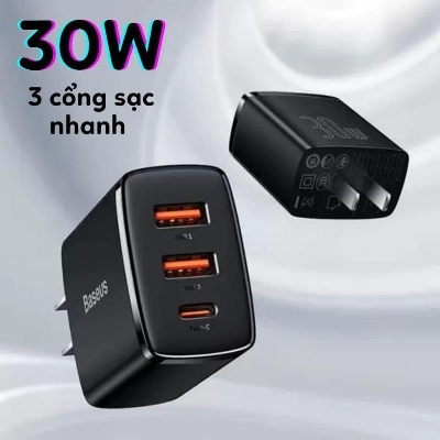 Picture of BASEUS Compact Quick Charger 2U+C 30W Type C PD Fast Charging 3 Ports USB