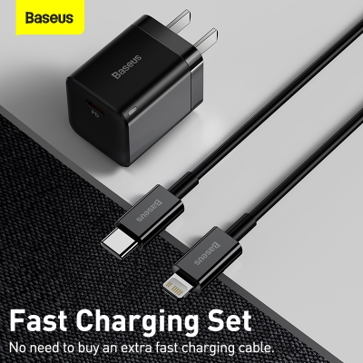 Picture of Baseus GaN5 Type-C 20W Fast Charger with 1m Type-C to Lightning PD20W Fast Charging Data Cable Black US Adapter