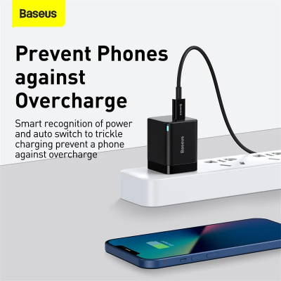 Picture of Baseus GaN5 Type-C 20W Fast Charger with 1m Type-C to Lightning PD20W Fast Charging Data Cable Black US Adapter
