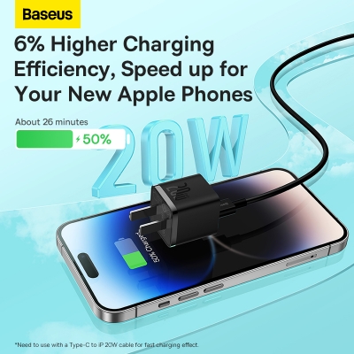 Picture of Baseus GaN5 Type-C 20W Fast Charger with 1m Type-C to Lightning PD20W Fast Charging Data Cable Black US Adapter