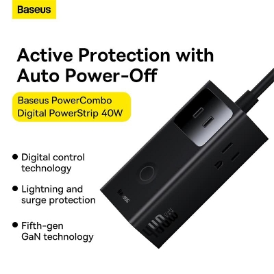 Picture of BASEUS PowerCombo Digital Power Strip 3 AC+1 USB+2 Type-C 40W with 1.5m Power Cord, CN Plug - Black