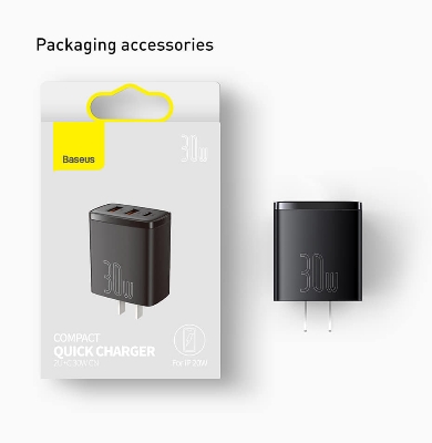 Picture of Baseus 30W USB C Quick Charger Support Type C PD Fast Charging Dual USB Port Portable Phone Charger