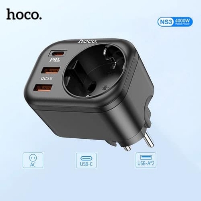 Picture of HOCO NS3 Travel Adaptor 4 in 1 Fast Charging QC 3.0 PD Charger Multifunctional Socket 1C+2A PD 20W Ports  EU Plug(Black)
