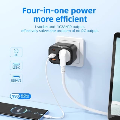 Picture of HOCO NS3 Travel Adaptor 4 in 1 Fast Charging QC 3.0 PD Charger Multifunctional Socket 1C+2A PD 20W Ports  EU Plug(Black)
