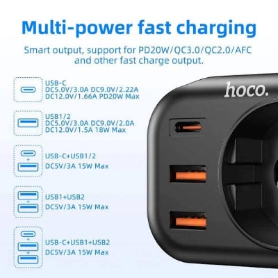 Picture of HOCO NS3 Travel Adaptor 4 in 1 Fast Charging QC 3.0 PD Charger Multifunctional Socket 1C+2A PD 20W Ports  EU Plug(Black)