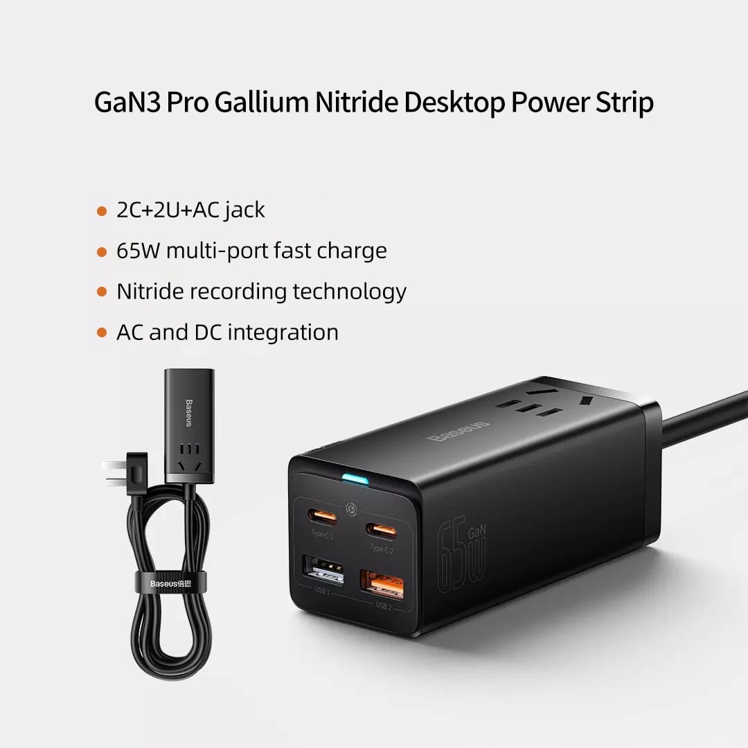 Picture of Baseus 65W GaN3 Pro Desktop Charger Power Strip US Plug Charging Station Fast Charger For ip 13 12 Xmi Samsung Laptop
