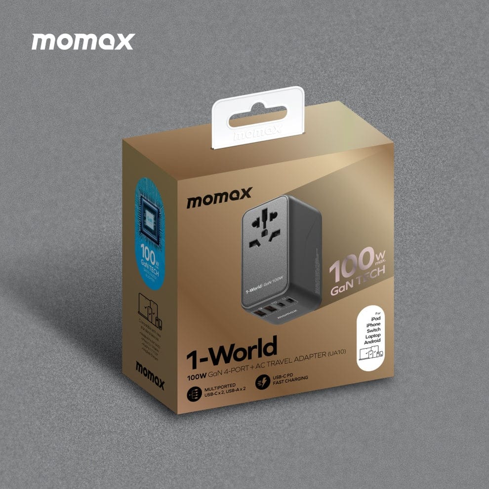 Picture of MOMAX Universal Power Adapter, 100W Fast GaN International Travel Adapter, 2PD USB-C+2QC USB-A Travel Plug Adapter, US/UK/EU/AU Universal Charger Adapter for Laptops,Tablets,Phones 1-World