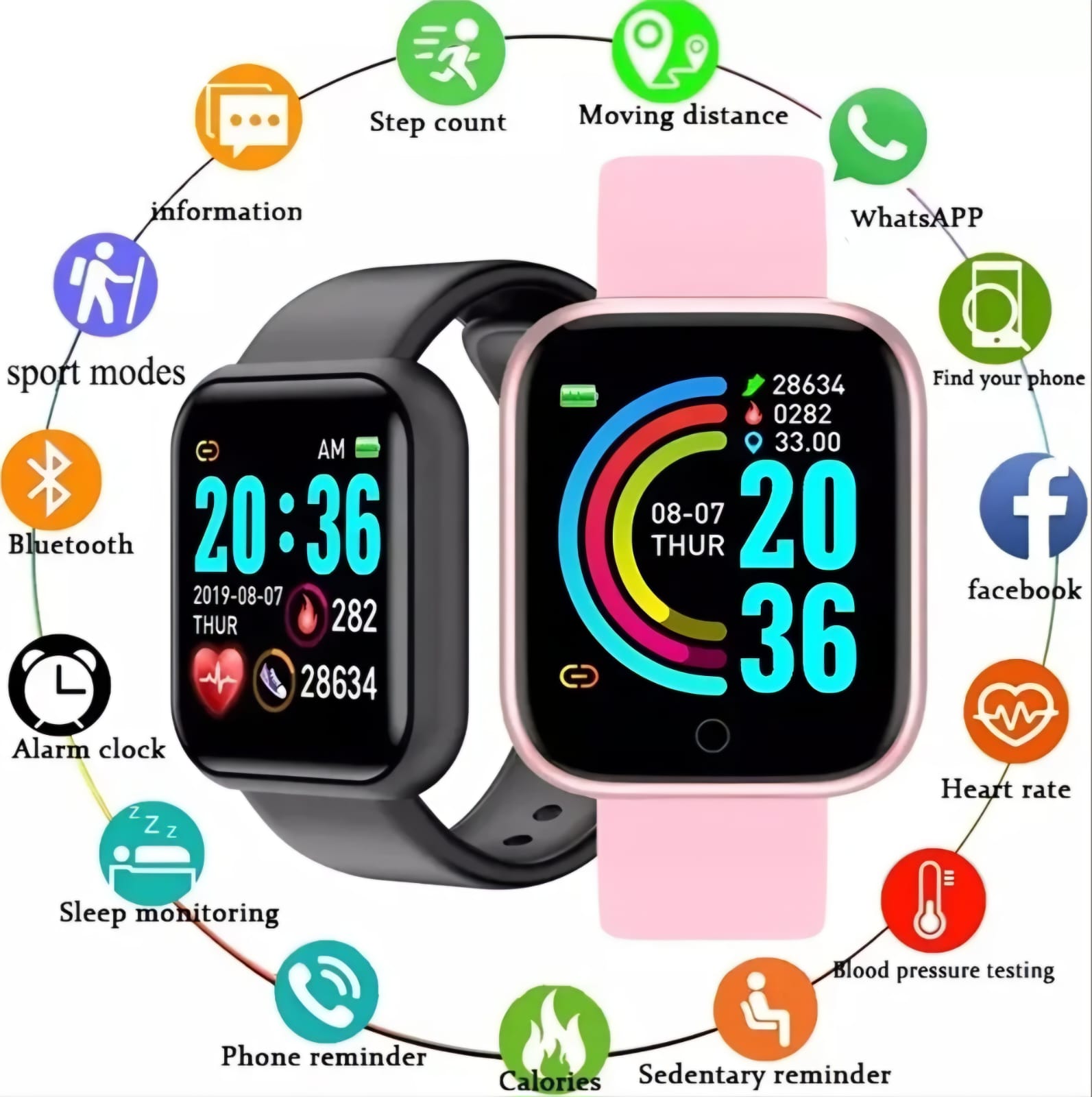 Picture of D20 Pro Smart Watch Y68 Bluetooth Fitness Tracker Sports Watch Heart Rate Monitor Blood Pressure Smart Bracelet for Android IOS