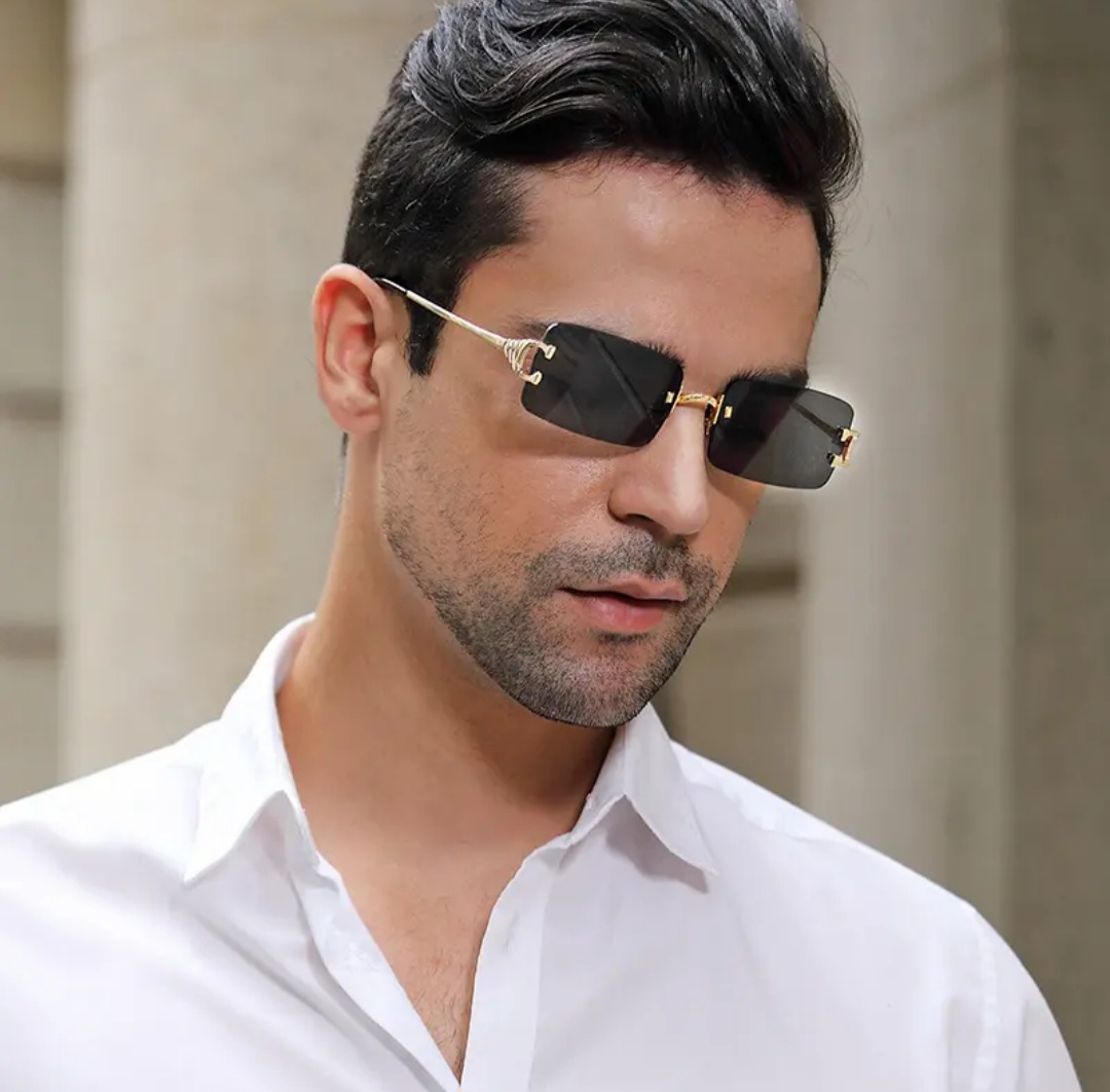 Picture of Rimless Rectangle Sunglasses Man and Women Luxury Fashion Narrow Frame Leopard Shade Small Square Sun Glasses For Men, Women, girls, man boy