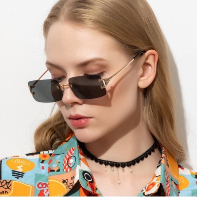 Picture of Rimless Rectangle Sunglasses Man and Women Luxury Fashion Narrow Frame Leopard Shade Small Square Sun Glasses For Men, Women, girls, man boy