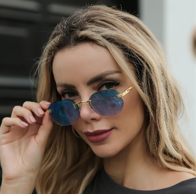 Picture of Gold Metal Frameless Brown Sunglasses for men and Women, Rimless Gradient Lens, Fashion Blue Sun Glasses for Men and women
