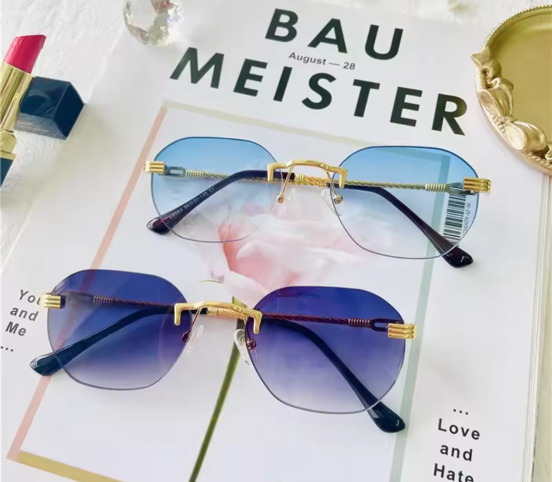 Picture of Gold Metal Frameless Brown Sunglasses for men and Women, Rimless Gradient Lens, Fashion Blue Sun Glasses for Men and women