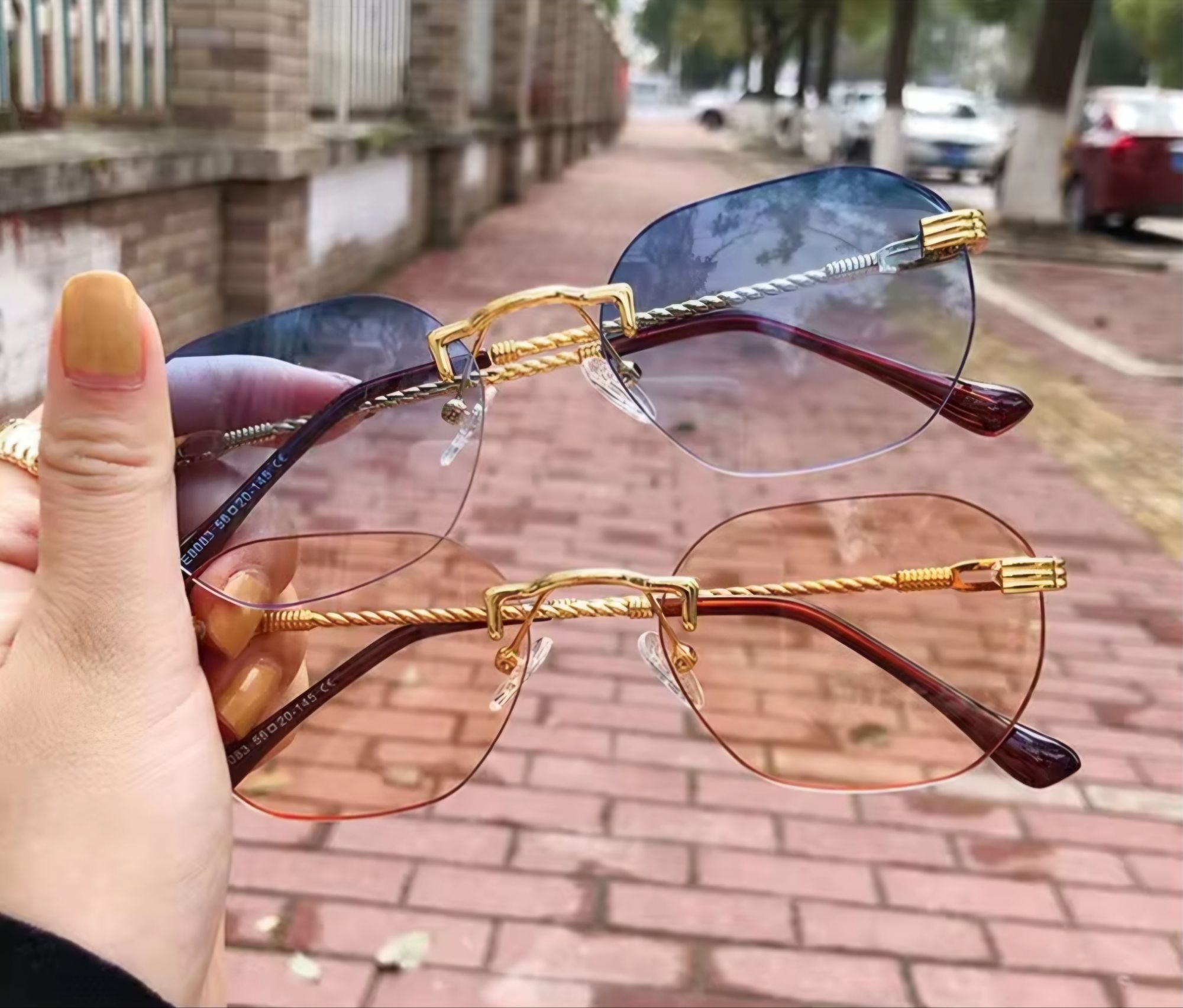 Picture of Gold Metal Frameless Brown Sunglasses for men and Women, Rimless Gradient Lens, Fashion Blue Sun Glasses for Men and women