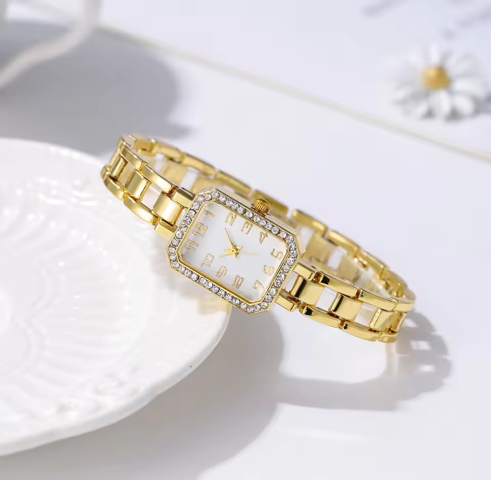 Picture of Luxury Women's Watch  New Simple Square Full Diamond Digital Quartz Watche Gold Stainless Steel Bracelet Women's Dress Clock Gift