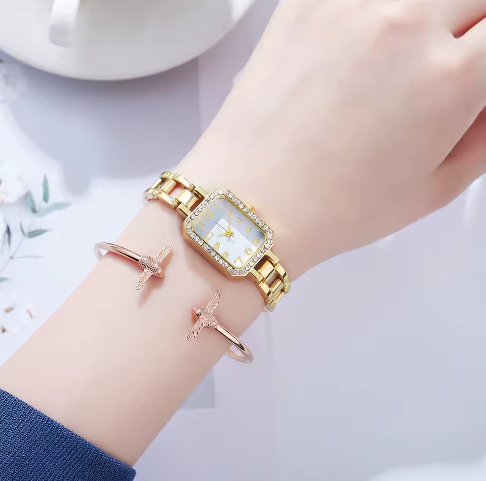 Picture of Luxury Women's Watch  New Simple Square Full Diamond Digital Quartz Watche Gold Stainless Steel Bracelet Women's Dress Clock Gift