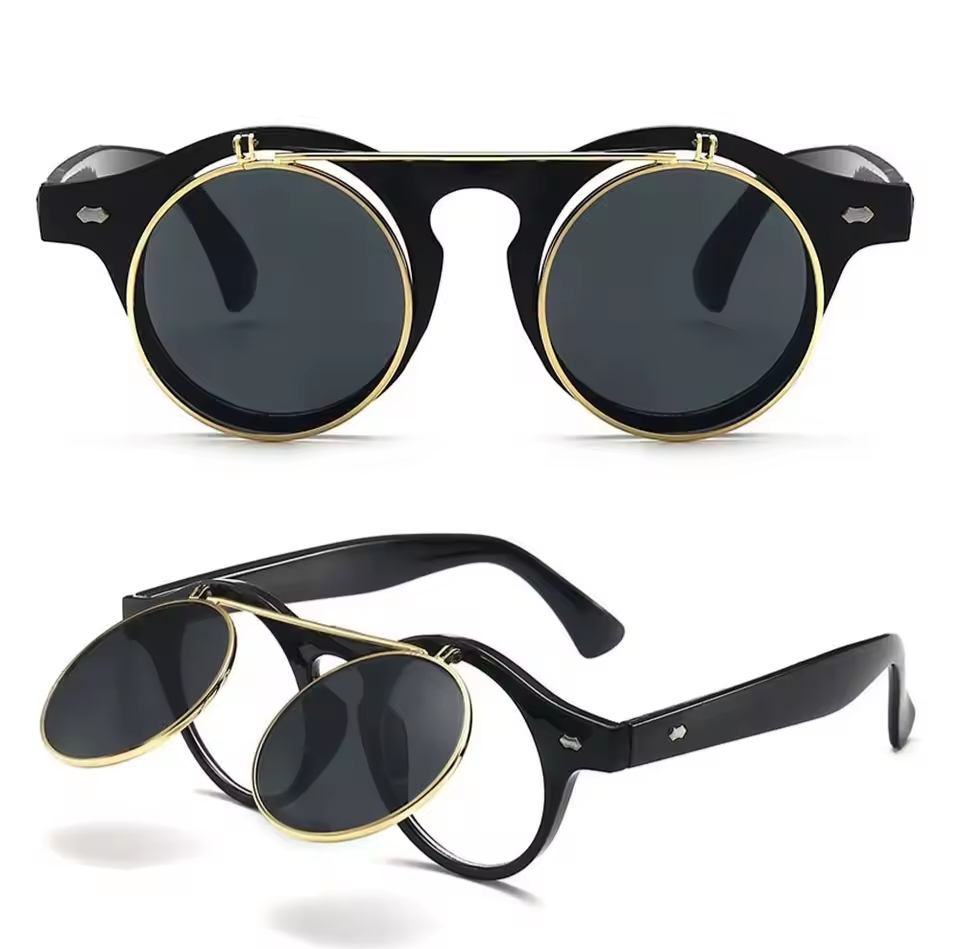 Picture of Round Frame Flip Cover Sunglasses Sun-Protective Eyewear Driving Glasses Double Layer Punk Black Shades Glasses