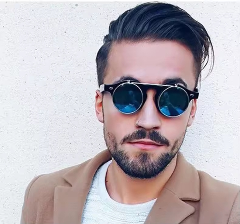 Picture of Round Frame Flip Cover Sunglasses Sun-Protective Eyewear Driving Glasses Double Layer Punk Black Shades Glasses