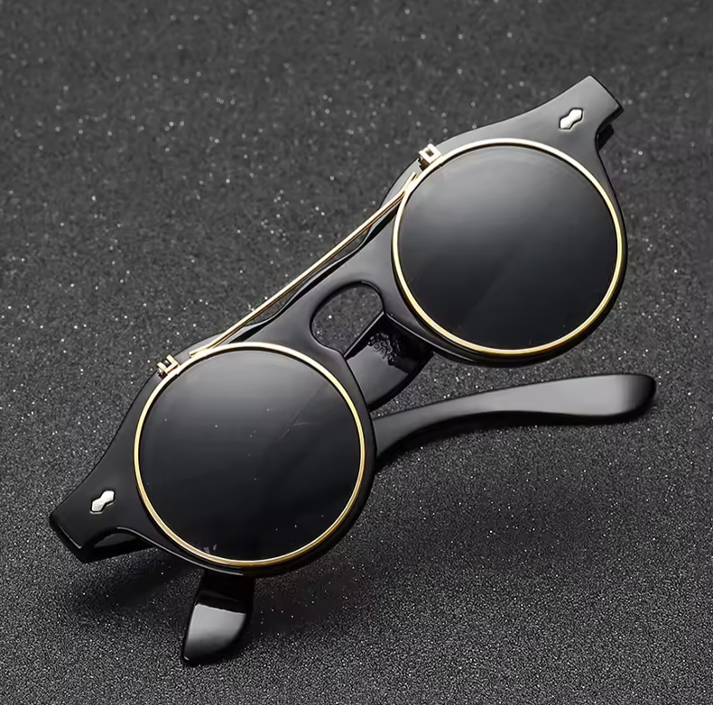 Picture of Round Frame Flip Cover Sunglasses Sun-Protective Eyewear Driving Glasses Double Layer Punk Black Shades Glasses