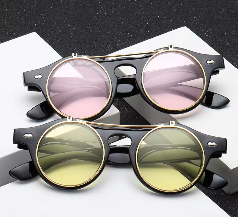 Picture of Round Frame Flip Cover Sunglasses Sun-Protective Eyewear Driving Glasses Double Layer Punk Black Shades Glasses