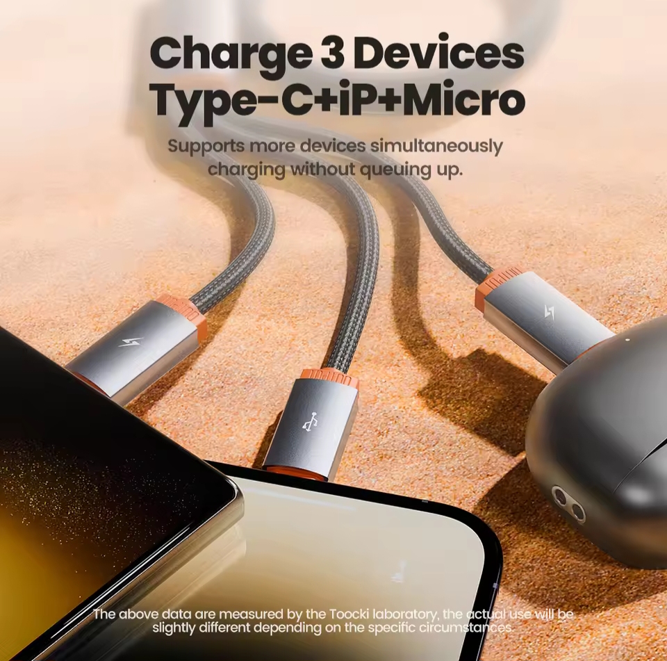 Picture of Toocki 3 in 1 USB Cable Data Wire Micro USB Type C Lighting Charging Cable for iPhone Samsung Xiaomi Huawei OPPO Oneplus POCO