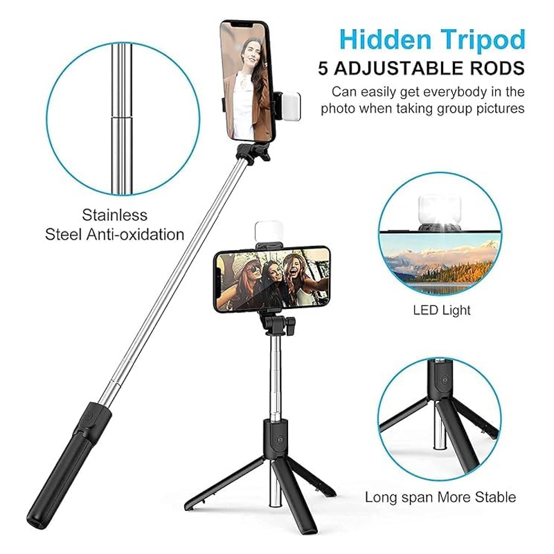 Picture of R1S Selfie Stick Mini LED Fill Light Tripod Selfie Stick 3 in 1 Multifunction Aluminium Selfie Stick for Vlogging/Gopro/Photography/Videography for All Mobile Smartphones