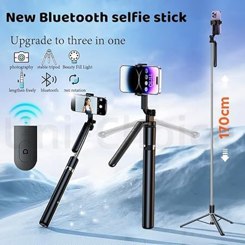 Picture of Selfie Stick, R16, Extendable with Balance Handle & Recharable BT Remote, Stable 3 Leg Design, Selfie Stick with Tripod Stand for 360° Panoramic Shoot, 62" Long, Made for Phones, Gopro,
