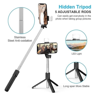 Picture of R1S Selfie Stick Mini LED Fill Light Tripod Selfie Stick 3 in 1 Multifunction Aluminium Selfie Stick for Vlogging/Gopro/Photography/Videography for All Mobile Smartphones