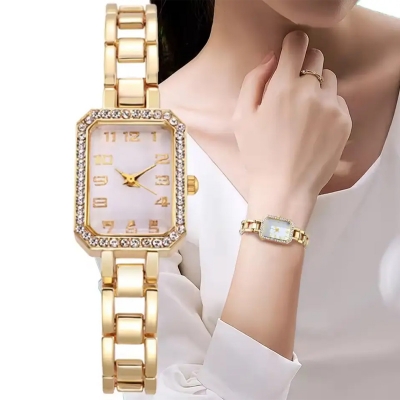 Picture of Luxury Women's Watch  New Simple Square Full Diamond Digital Quartz Watche Gold Stainless Steel Bracelet Women's Dress Clock Gift