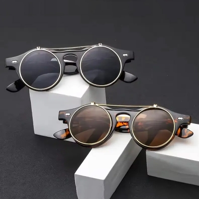 Picture of Round Frame Flip Cover Sunglasses Sun-Protective Eyewear Driving Glasses Double Layer Punk Black Shades Glasses