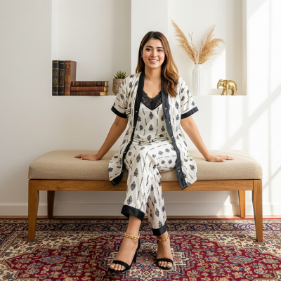 Picture of Premium Quality Ac Silk 3D Print 4 Part Korean Shirt Pant For Woman Nighty Wear