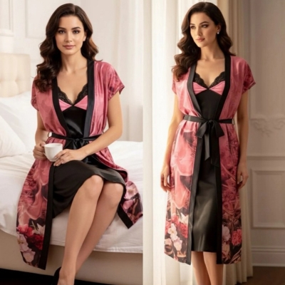 Picture of Indian Silky Satin Nightgown 2 Part Comfortable Day And Night Wear Luxurious Print Nightdress.