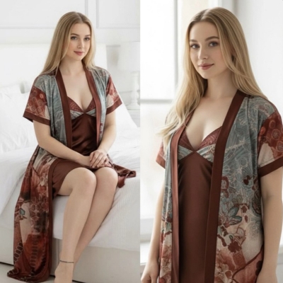 Picture of Indian Silky Satin Nightgown 2 Part Comfortable Day And Night Wear Luxurious Print Nightdress.