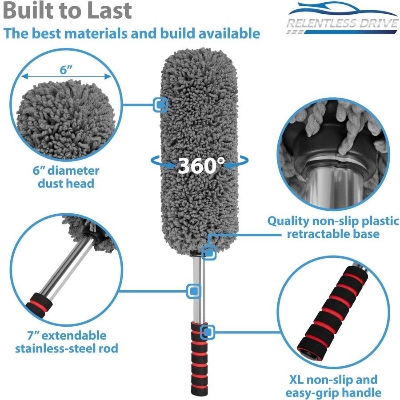 Picture of Relentless Drive Car Duster Exterior Scratch Free - Premium Microfiber Duster for Car - Long Secure Extendable Handle, Removes Pollen, Dust & Lint - Large Duster for Car, Truck, SUV, RV & Motorcycle